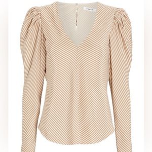 FRAME Striped Silk Shirred V Neck